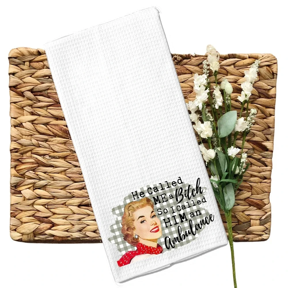 Funny Retro Waffle Weave Kitchen Towel Sarcastic Vintage Woman Graphic White